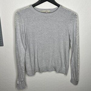 LOFT Gray Lacy Sleeve Silk-Infused Cropped Sweater - Size M